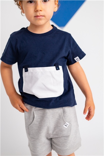 Erkek Bebek Yaka Çıtçıtlı Beyaz Cepli Lacivert T-Shirt (9ay-4yaş)