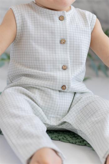 Erkek Bebek Ekru Kareli Kolsuz Tulum