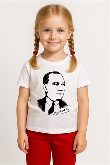 Unisex Çocuk Atatürk Baskılı Kısa Kollu T-shirt - Beyaz