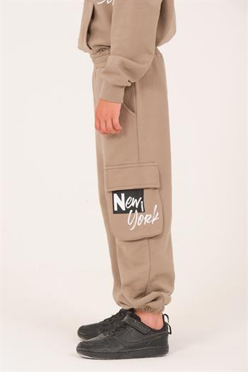 Unisex Çocuk Baskılı Cep Detaylı Jogger Eşofman Altı - Açık Haki