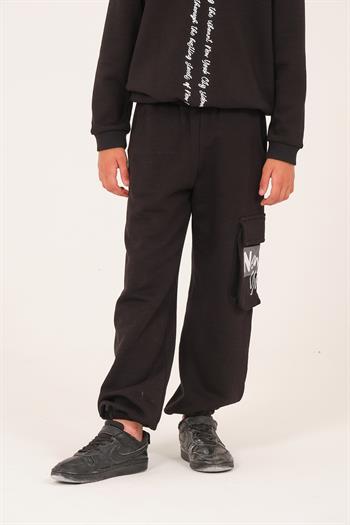 Unisex Çocuk Baskılı Cep Detaylı Jogger Eşofman Altı - Siyah