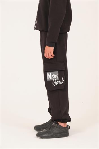 Unisex Çocuk Baskılı Cep Detaylı Jogger Eşofman Altı - Siyah