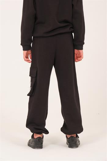 Unisex Çocuk Baskılı Cep Detaylı Jogger Eşofman Altı - Siyah