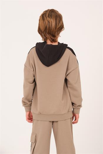 Unisex Çocuk Baskılı Kapüşonlu Sweatshirt - Açık Haki