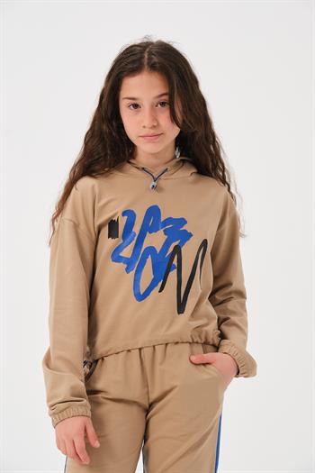 Unisex Çocuk Baskılı Kapüşonlu Sweatshirt - Bej