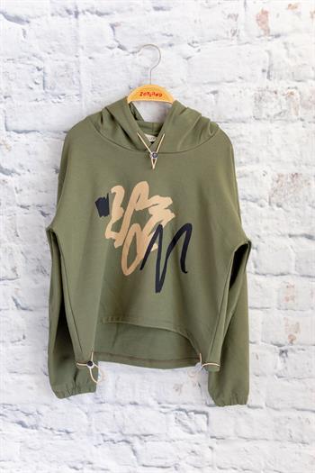 Unisex Çocuk Baskılı Kapüşonlu Sweatshirt - Haki