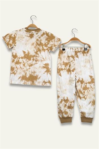 Unisex Çocuk Batik Desenli Pijama Takımı - Camel