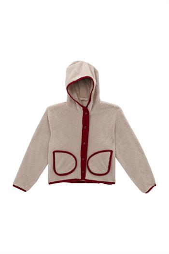 Unisex Çocuk Biye Detaylı Kapüşonlu Peluş Mont - Bordo