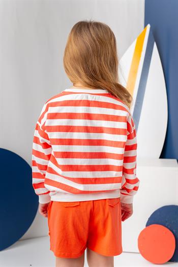 Unısex Çocuk Çizgili Sweatshirt - Coral Çizgili
