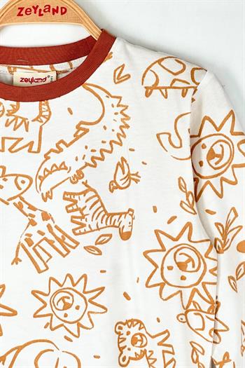 Unisex Çocuk Desenli Pijama Takımı - Hardal