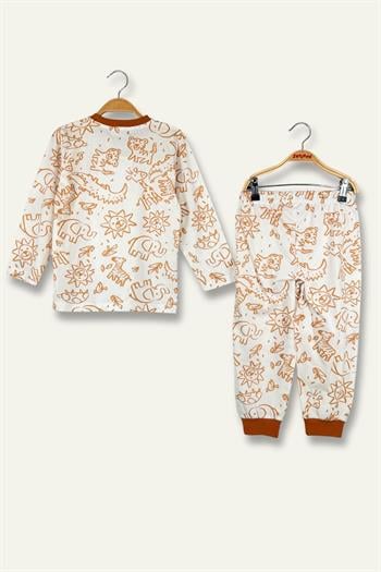 Unisex Çocuk Desenli Pijama Takımı - Hardal