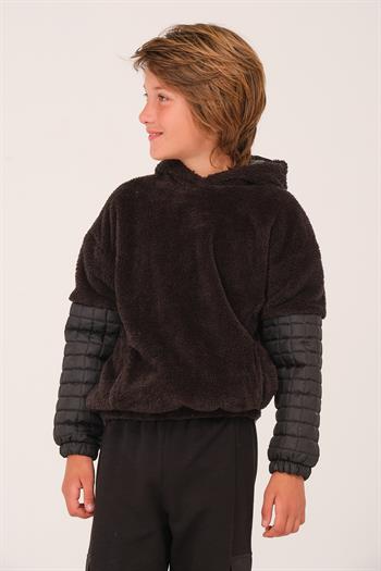 Unisex Çocuk Kapitone Detaylı Peluş Sweatshirt - Siyah