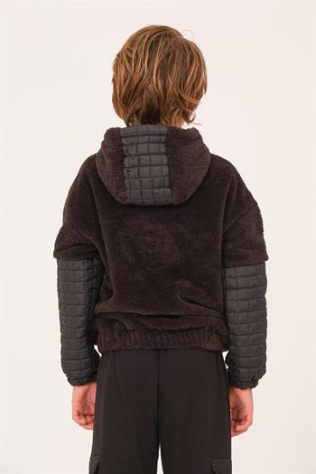 Unisex Çocuk Kapitone Detaylı Peluş Sweatshirt - Siyah