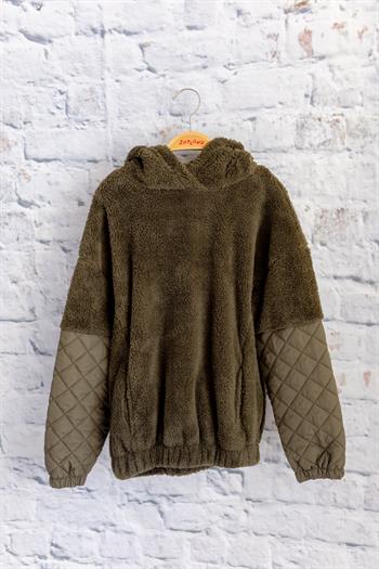 Unisex Çocuk Kapitone Detaylı Peluş Sweatshirt - Haki