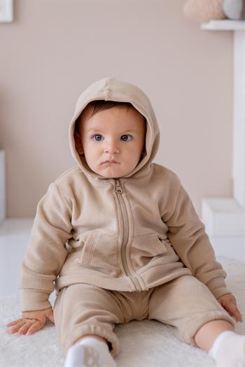Unisex Çocuk Kapşonlu Kanguru Cepli Polar Ceket - Bej