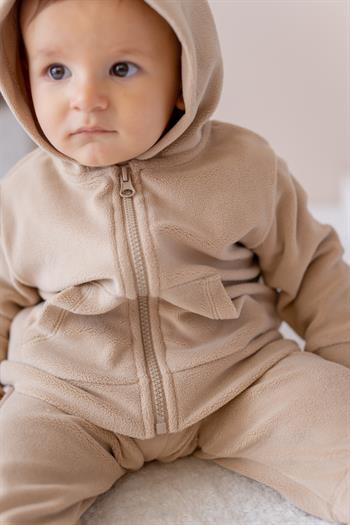 Unisex Çocuk Kapşonlu Kanguru Cepli Polar Ceket - Bej