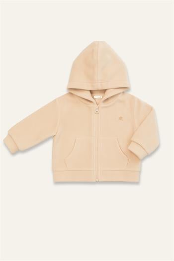 Unisex Çocuk Kapşonlu Kanguru Cepli Polar Ceket - Bej