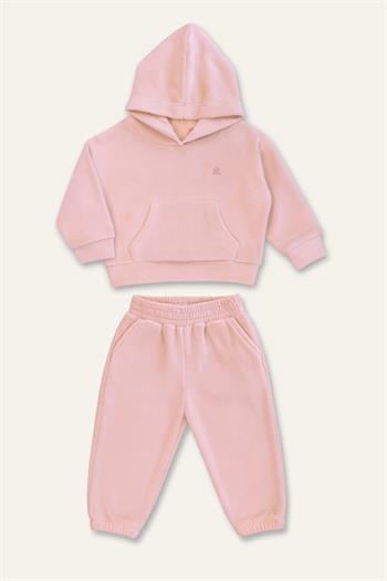 Unisex Çocuk Kapşonlu Kanguru Cepli Polar İkili Takım - Pembe