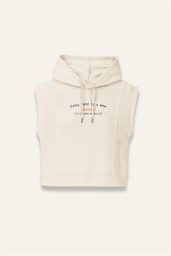 Kız Erkek Çocuk Kapşonlu Kısa Kol Sweatshirt - Krem