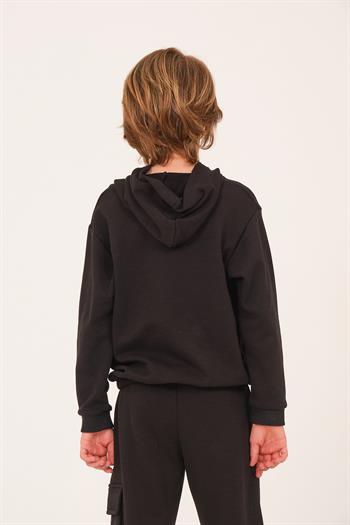 Unisex Çocuk Yazı Baskı Detaylı Kapüşonlu Sweatshirt - Siyah