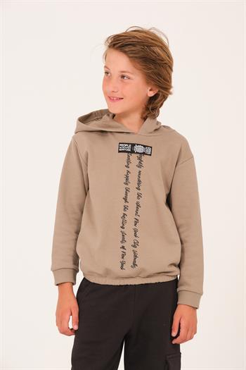 Unisex Çocuk Yazı Baskı Detaylı Kapüşonlu Sweatshirt - Açık Haki