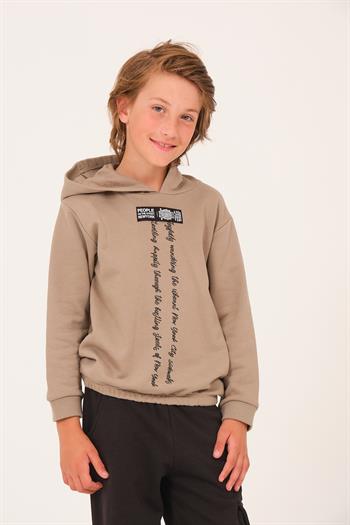 Unisex Çocuk Yazı Baskı Detaylı Kapüşonlu Sweatshirt - Açık Haki