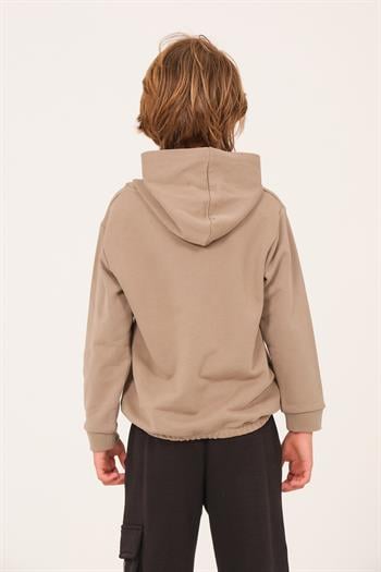 Unisex Çocuk Yazı Baskı Detaylı Kapüşonlu Sweatshirt - Açık Haki