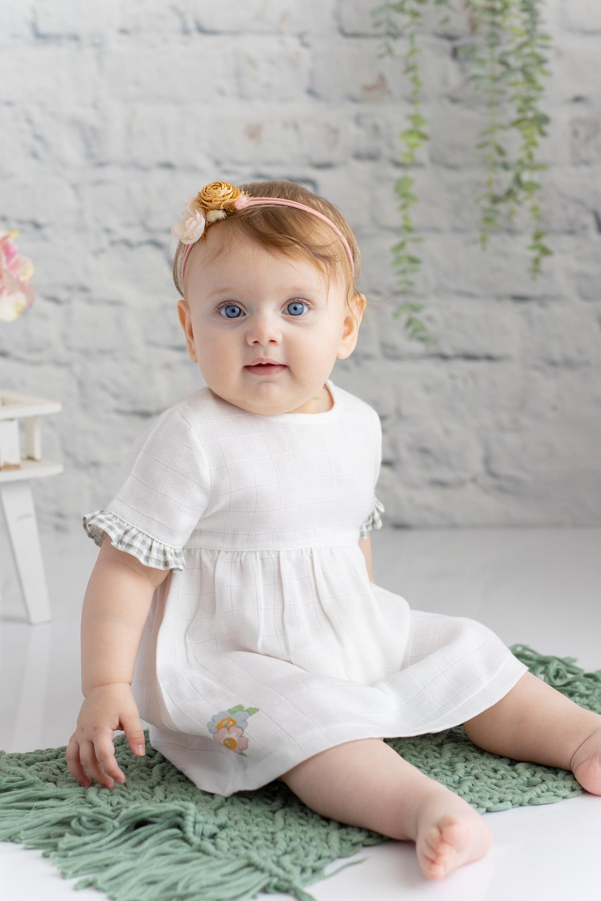 MININIO Kız Bebek Ekru Şile Bezi Elbise
