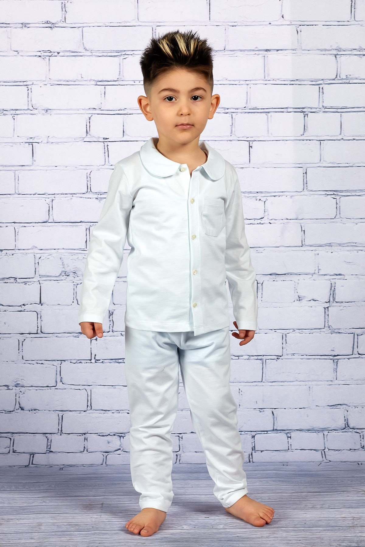 MININIO Erkek Çocuk Mavi Çizgili Önü Düğmeli Pijama Takımı (2-7yaş)
