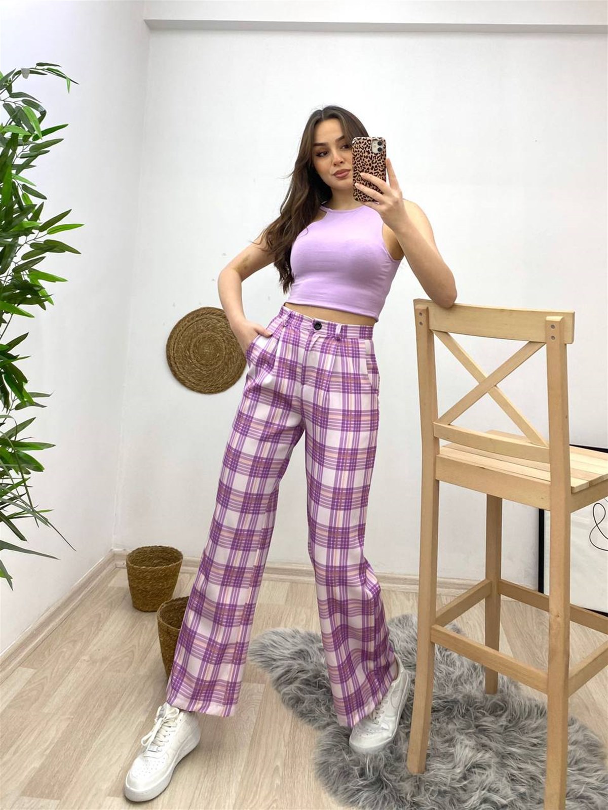 Checked Fabric Trousers Purple