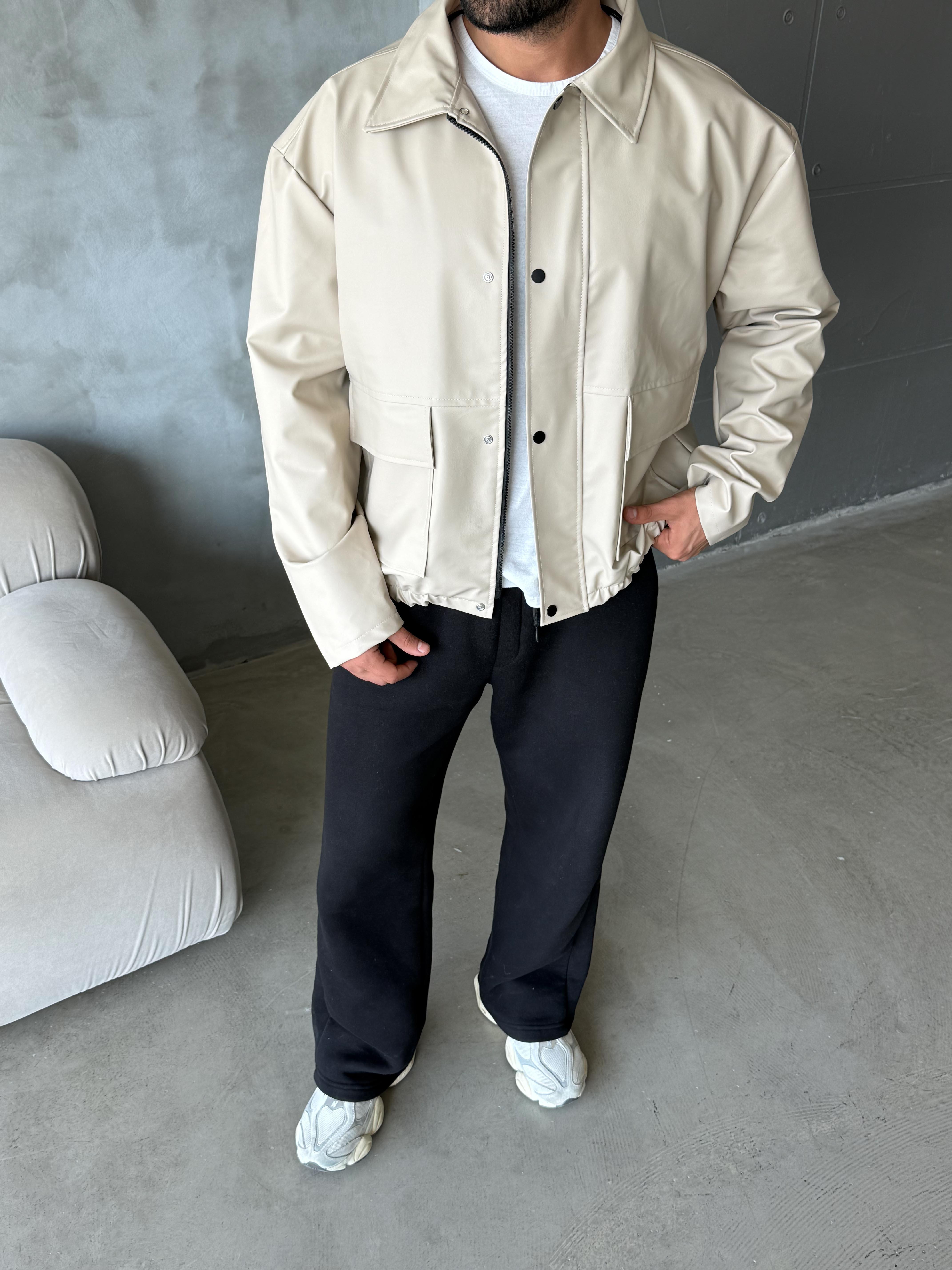 Bej Yakalı Dik Cep Kapaklı Ribanalı  Deri Ceket SC