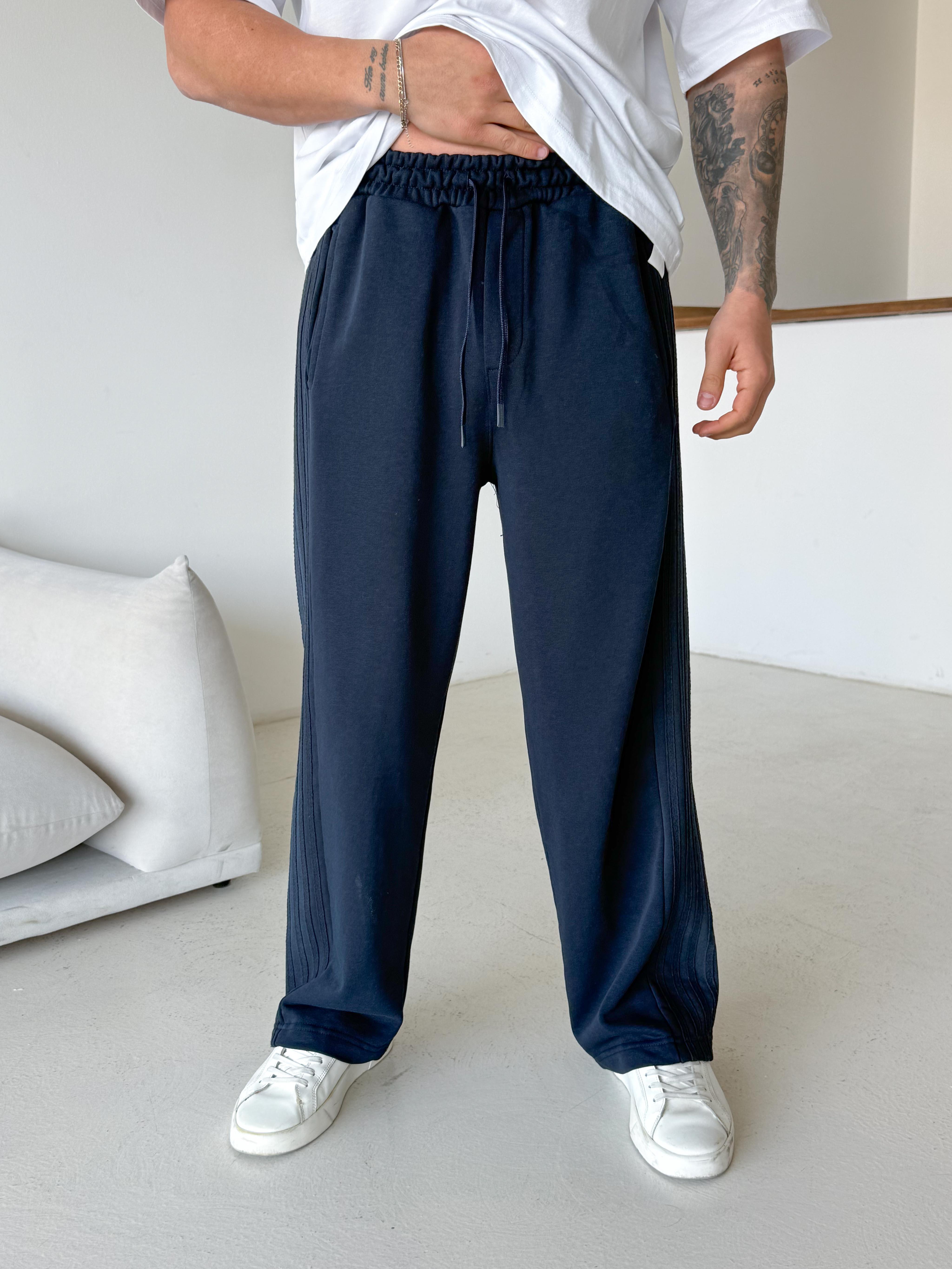 Lacivert Hasır Şeritli Yıkama Parçalı Üç İplik Bol Eşofman NM