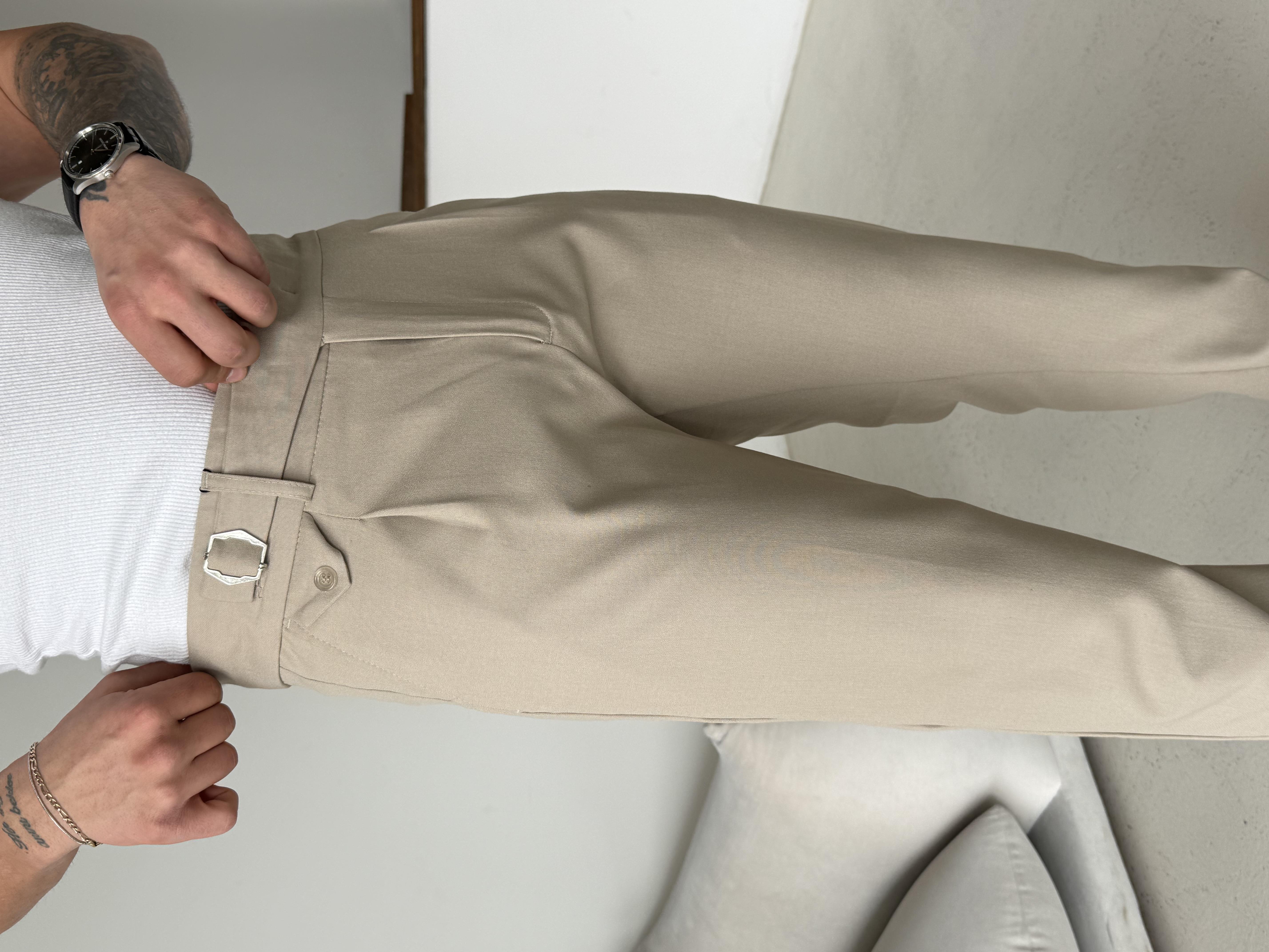 Bej Tokalı Regular Fit Kumaş Pantalon SC