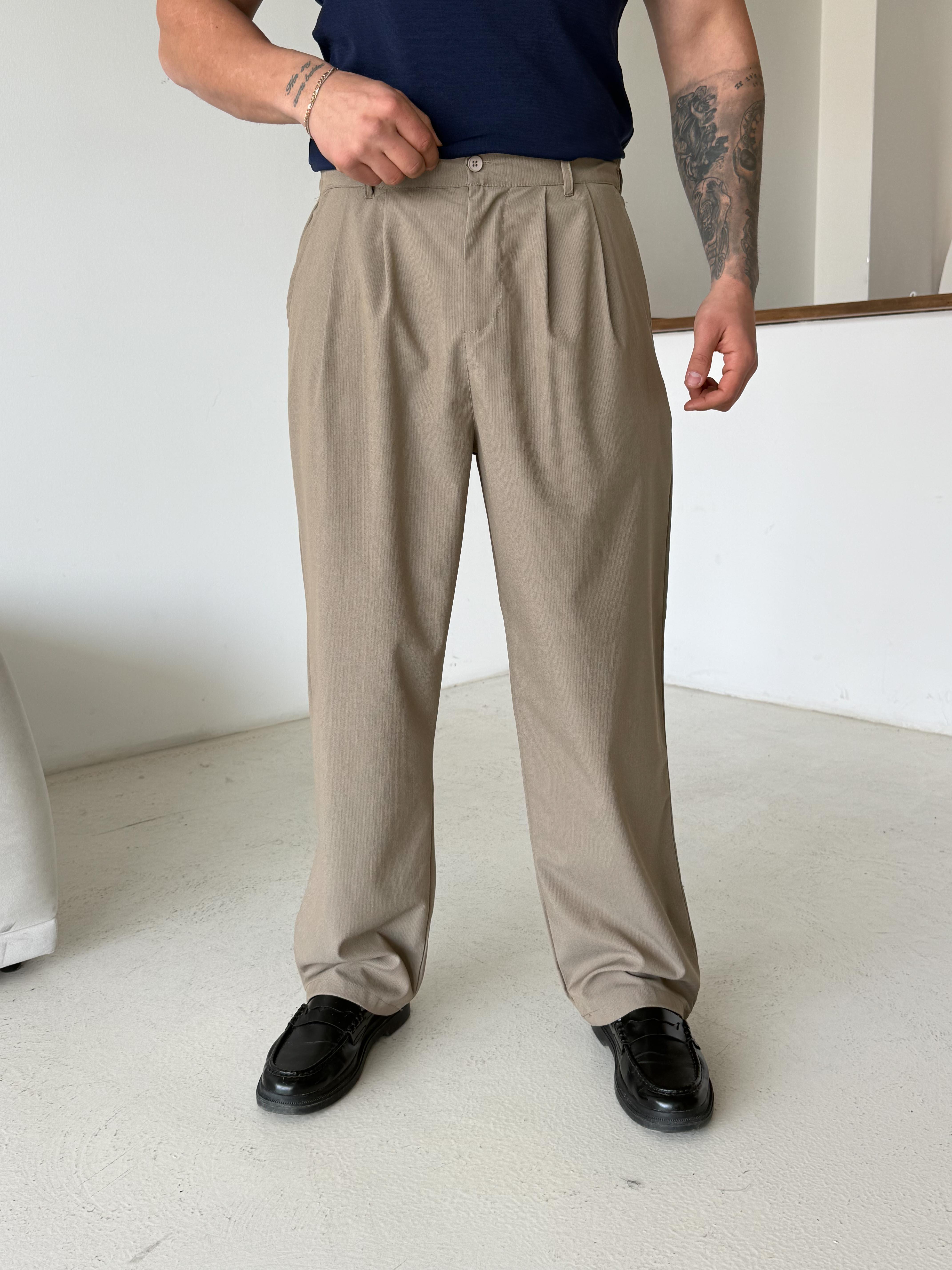Bej Zarif Çizgili Bol Zara Kumaş Pantalon BRR 40216