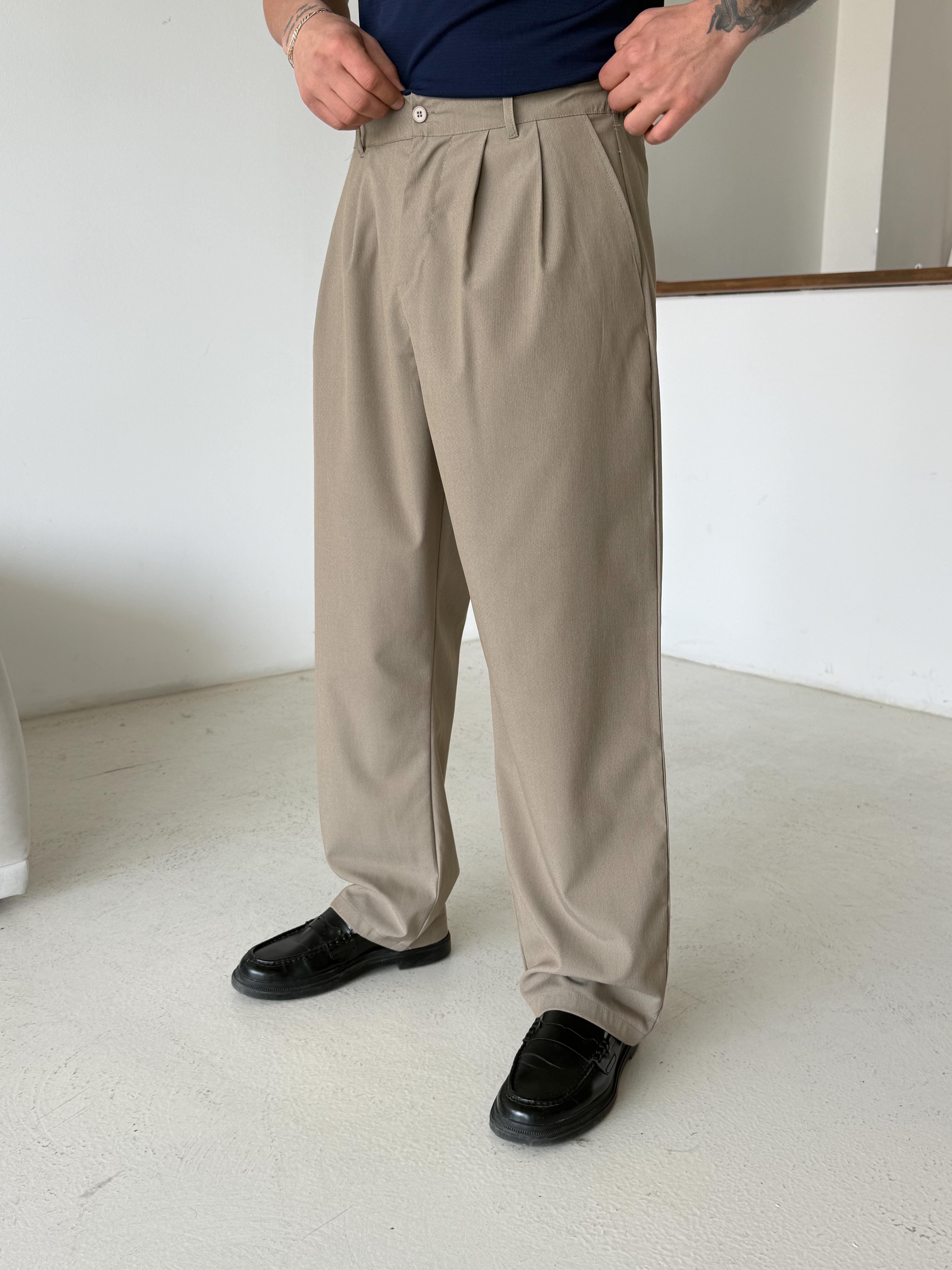 Bej Zarif Çizgili Bol Zara Kumaş Pantalon BRR 40216