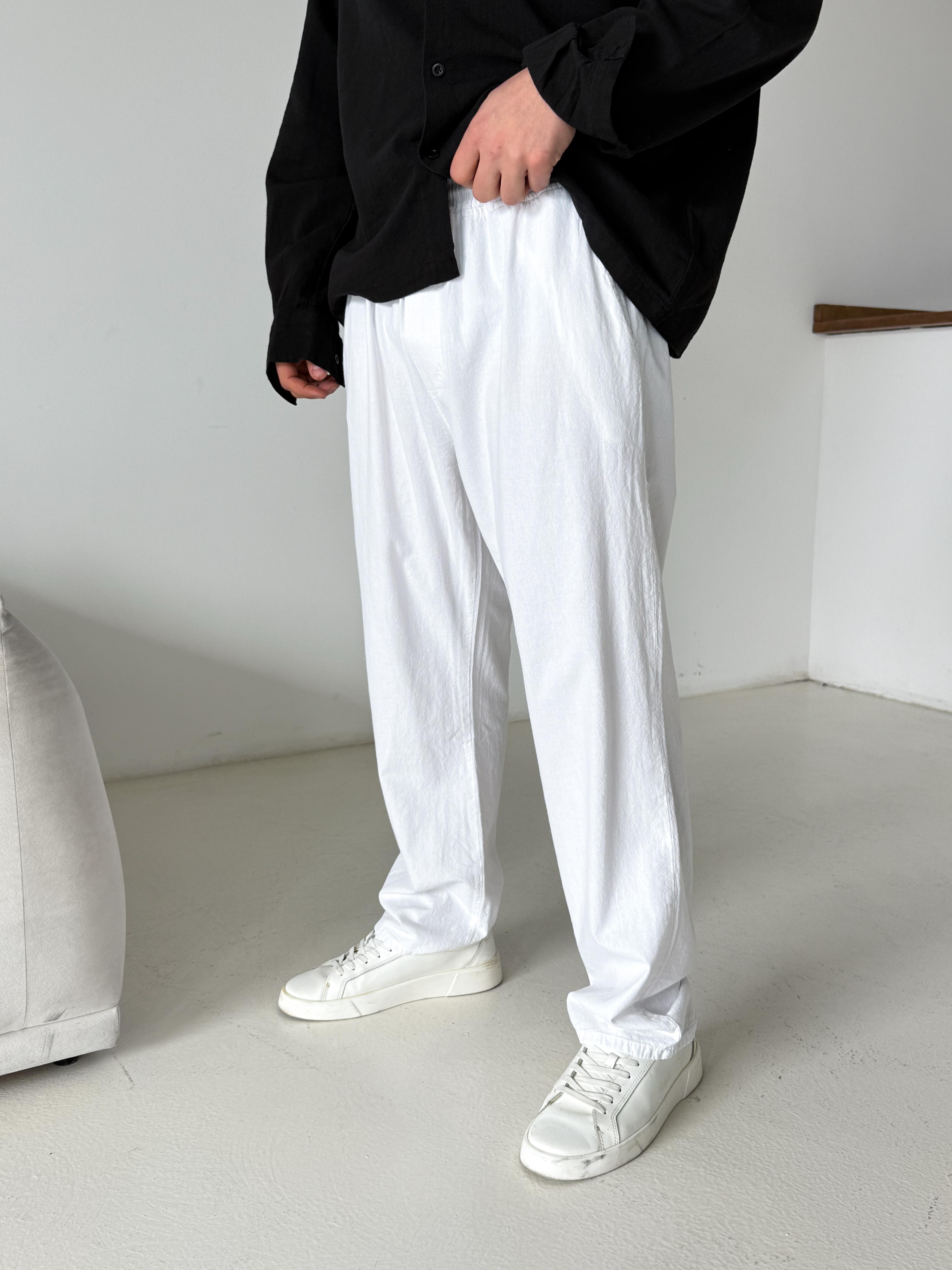 Beyaz Bel Lastikli Keten Pantalon TK