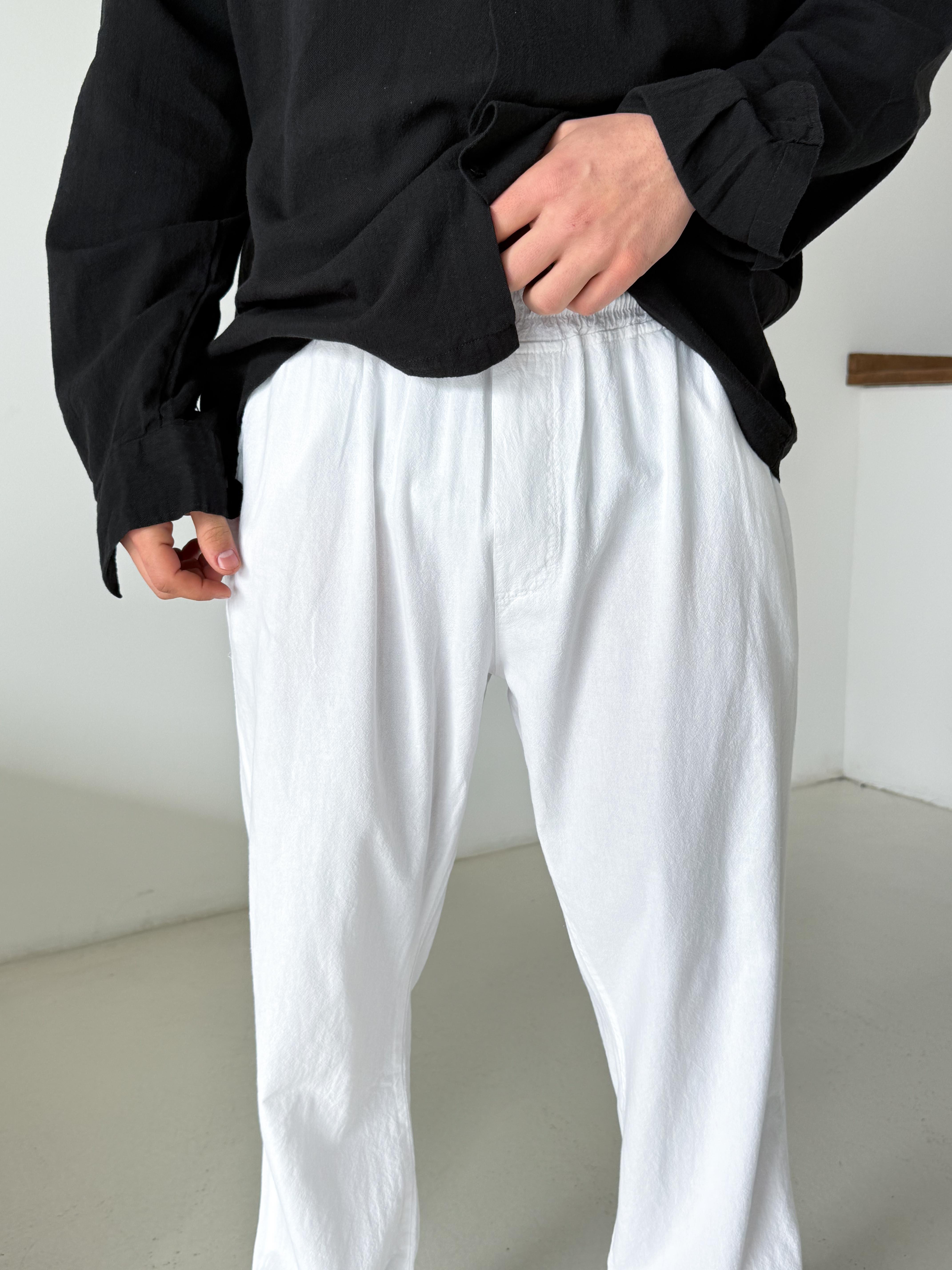 Beyaz Bel Lastikli Keten Pantalon TK