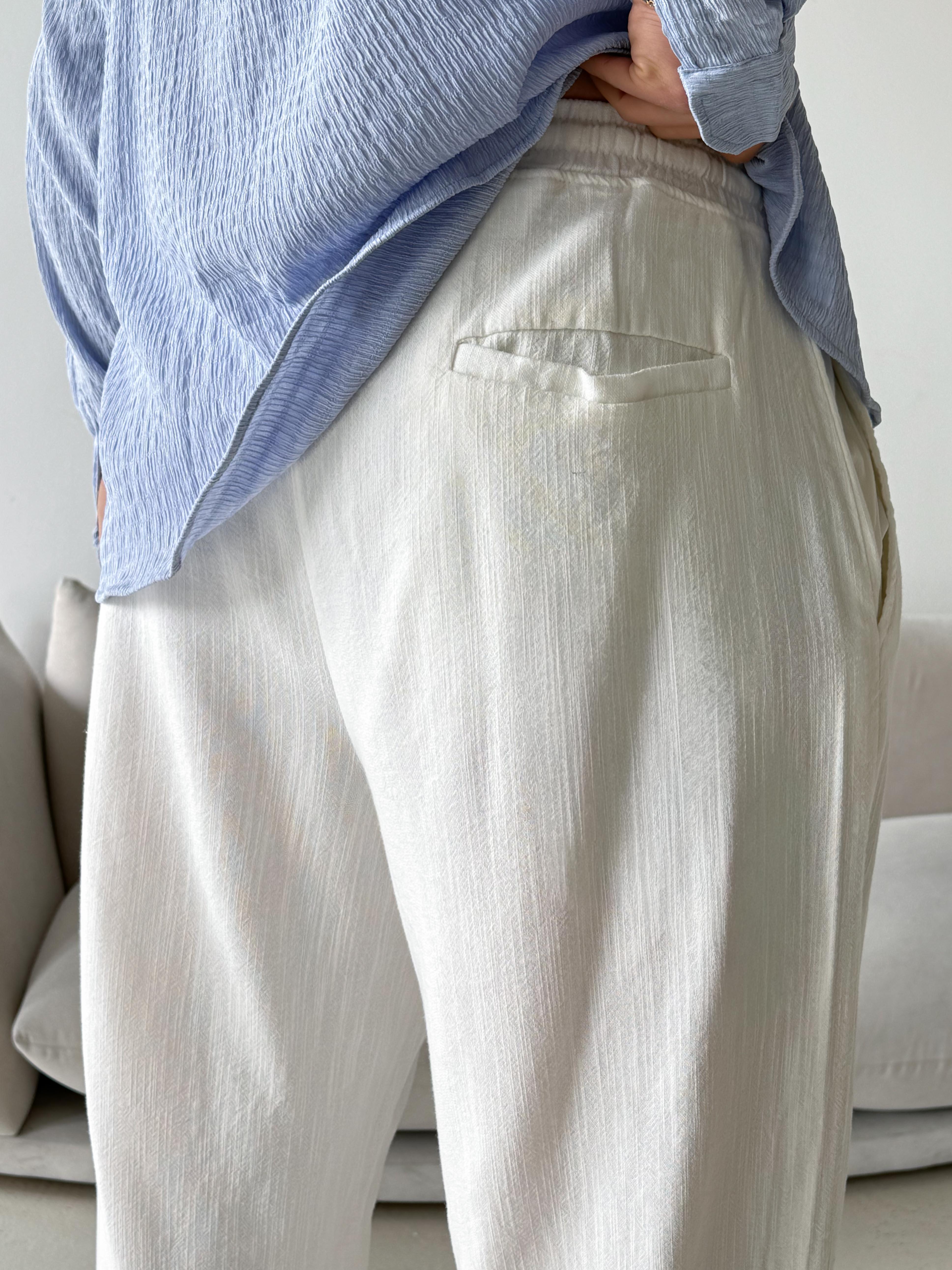 Beyaz Fresh Yıkamalı Keten Pantalon JJ Y116