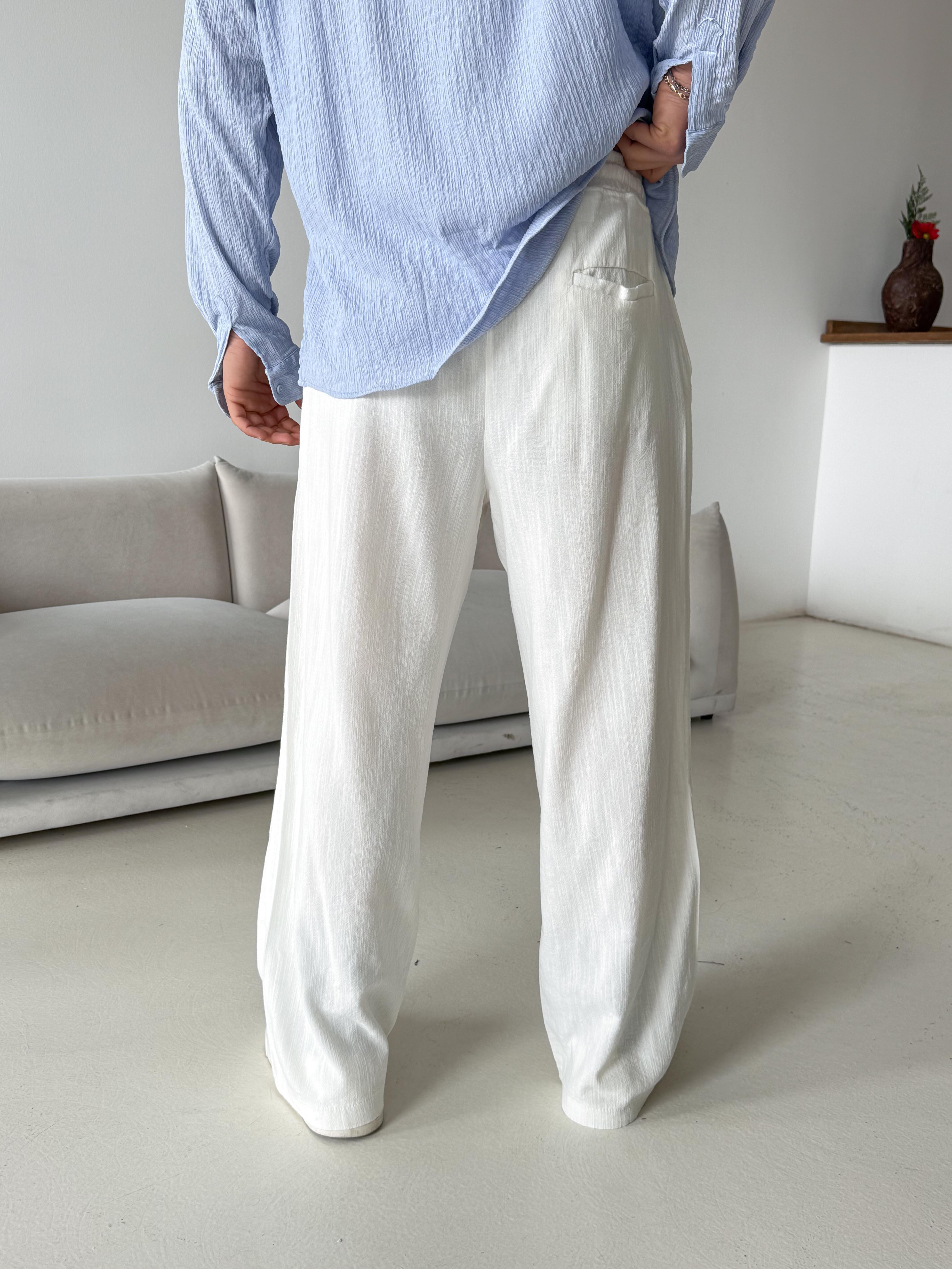 Beyaz Fresh Yıkamalı Keten Pantalon JJ Y116