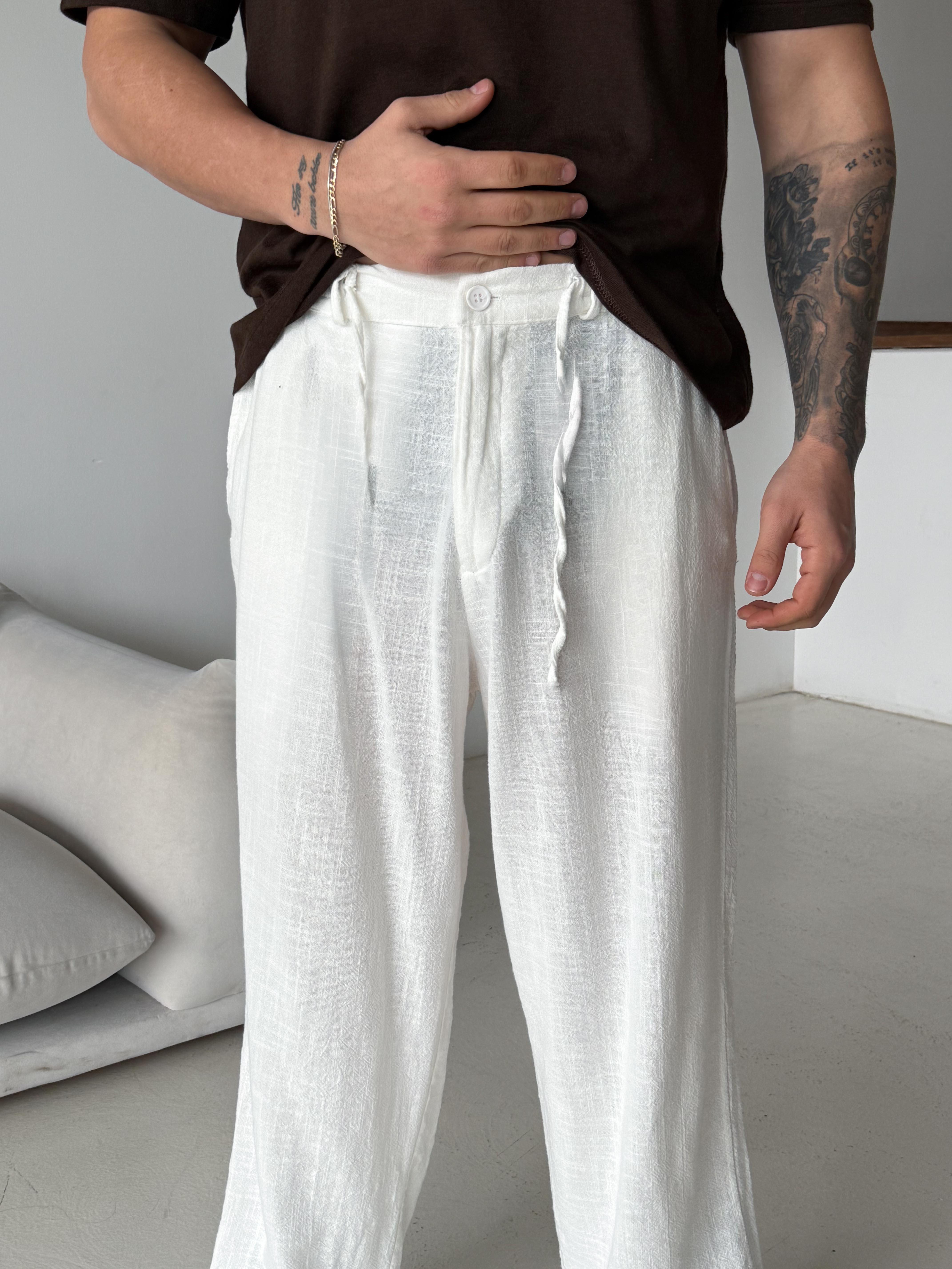 Ekru Keten Baggy Yarı Lastikli Pantalon PNC 4060