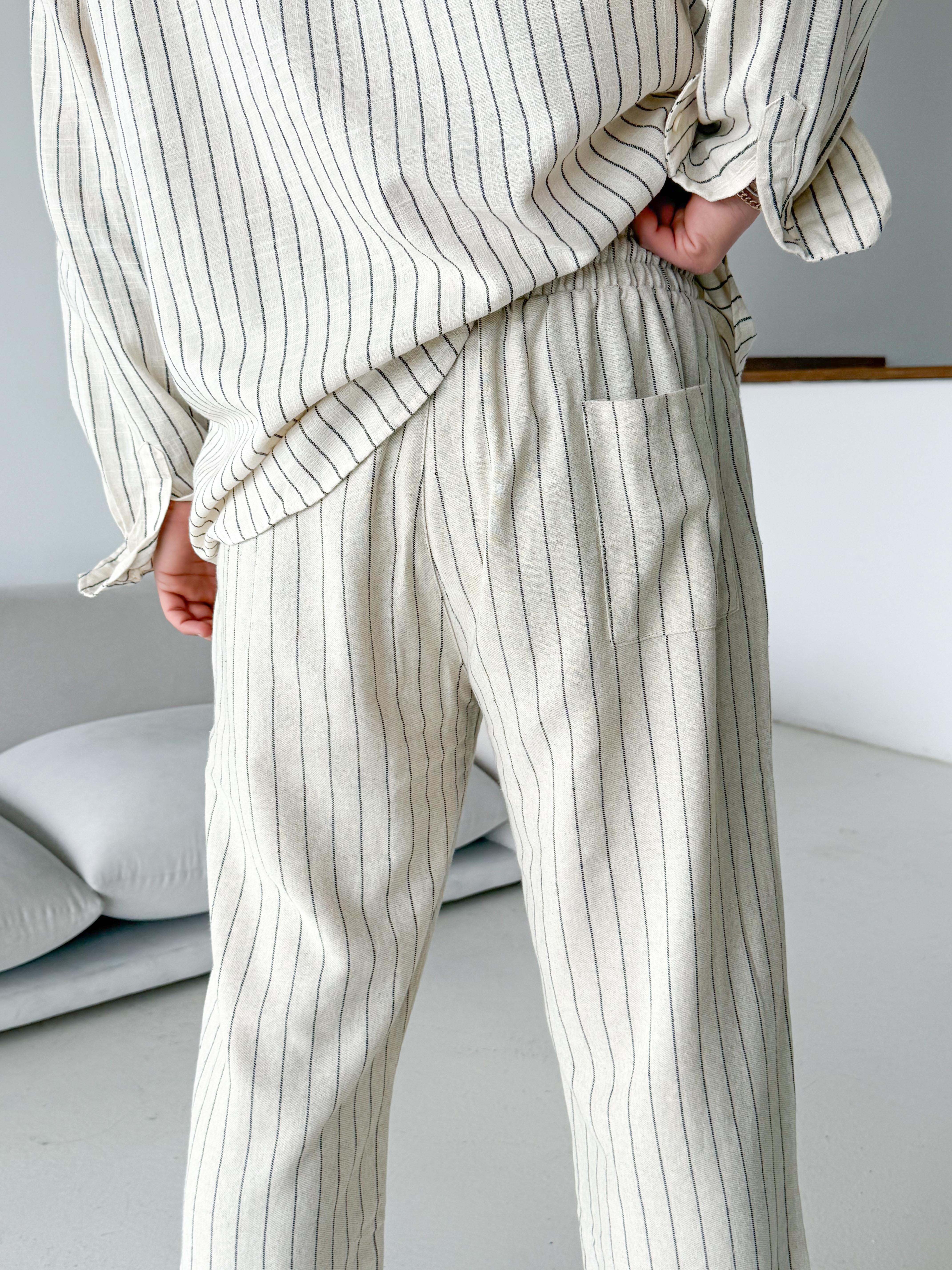 Ekru Keten Siyah Çizgili Bol Pantalon 23105 LNS