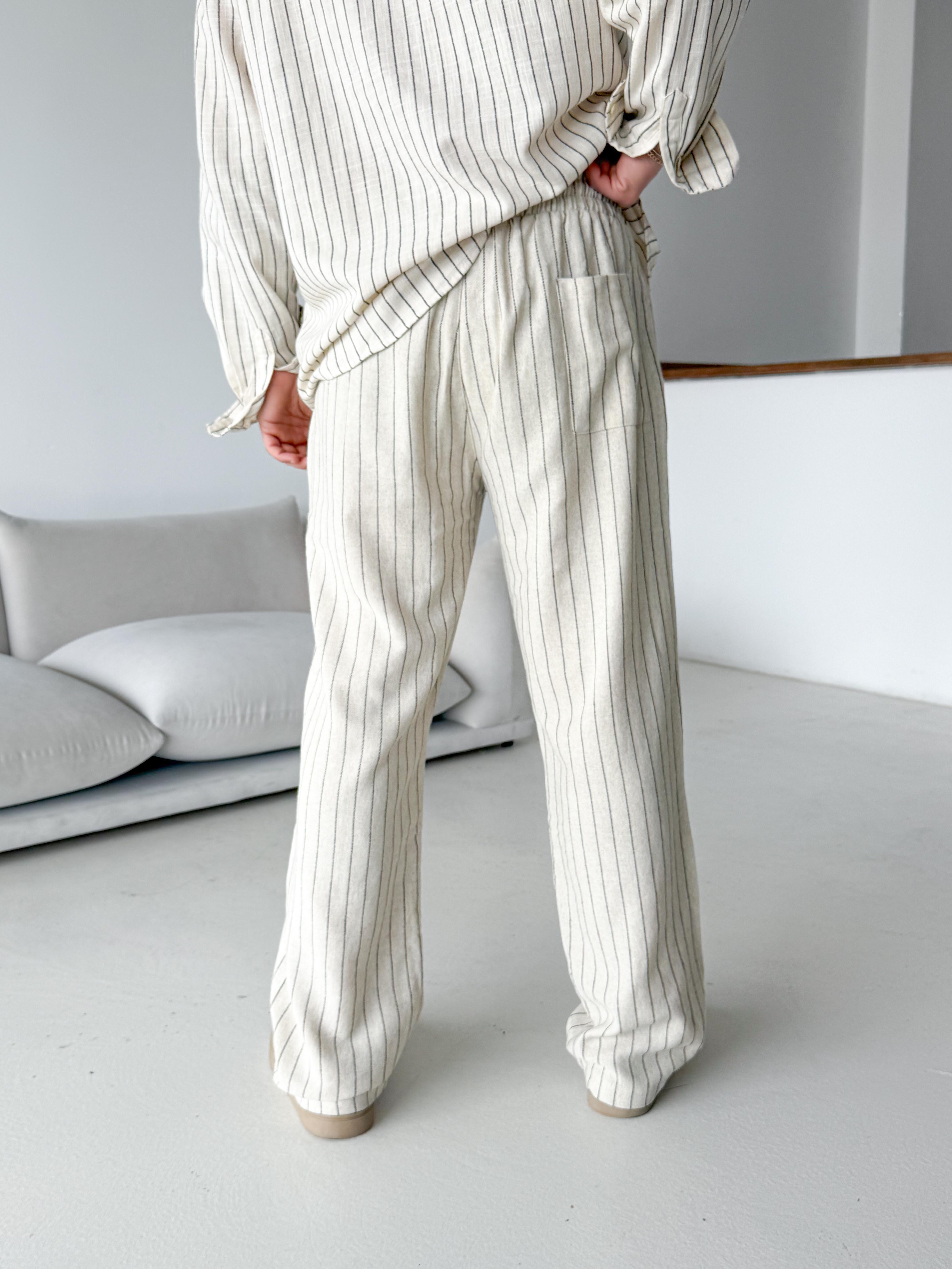 Ekru Keten Siyah Çizgili Bol Pantalon 23105 LNS