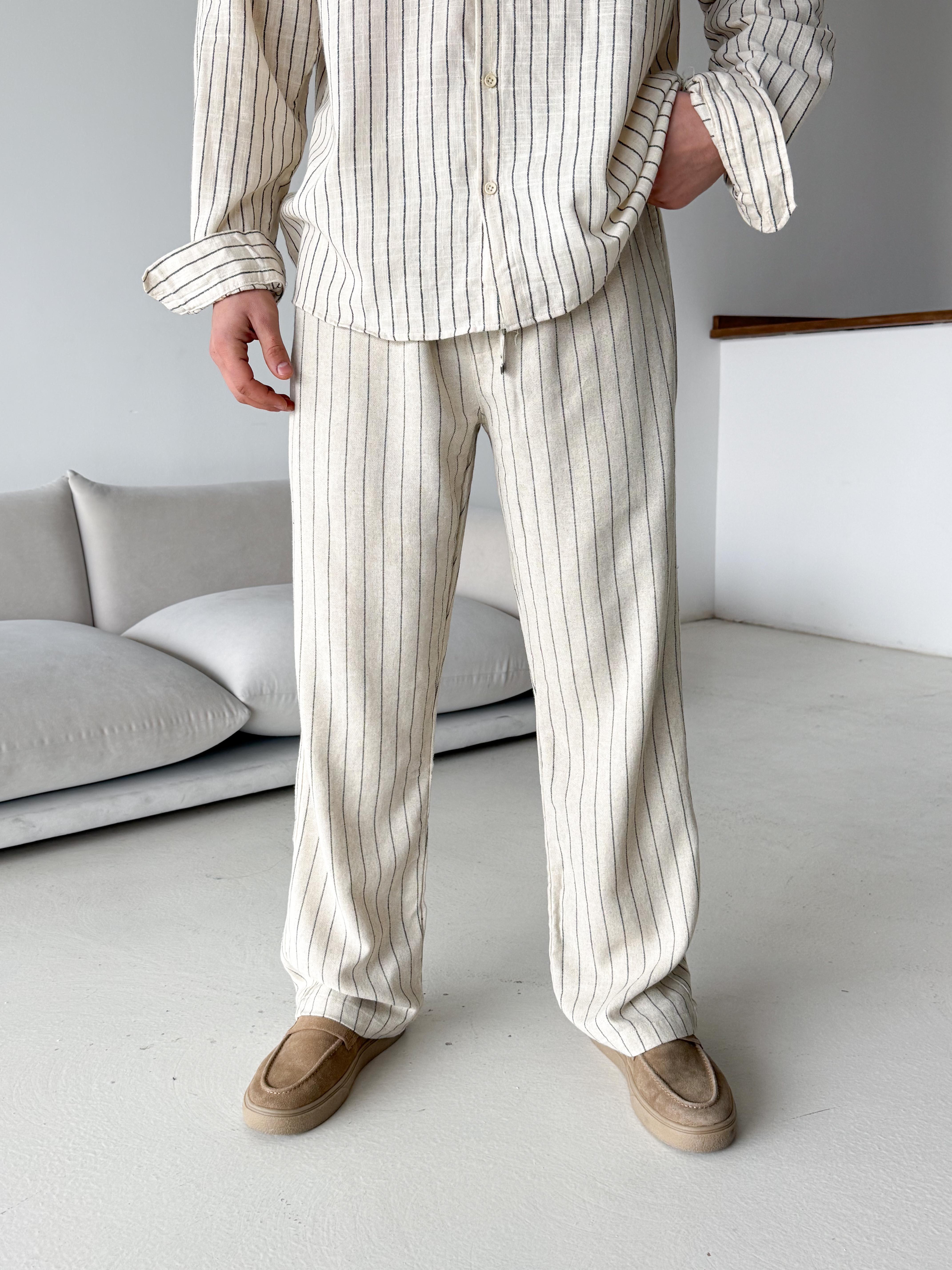 Ekru Keten Siyah Çizgili Bol Pantalon 23105 LNS