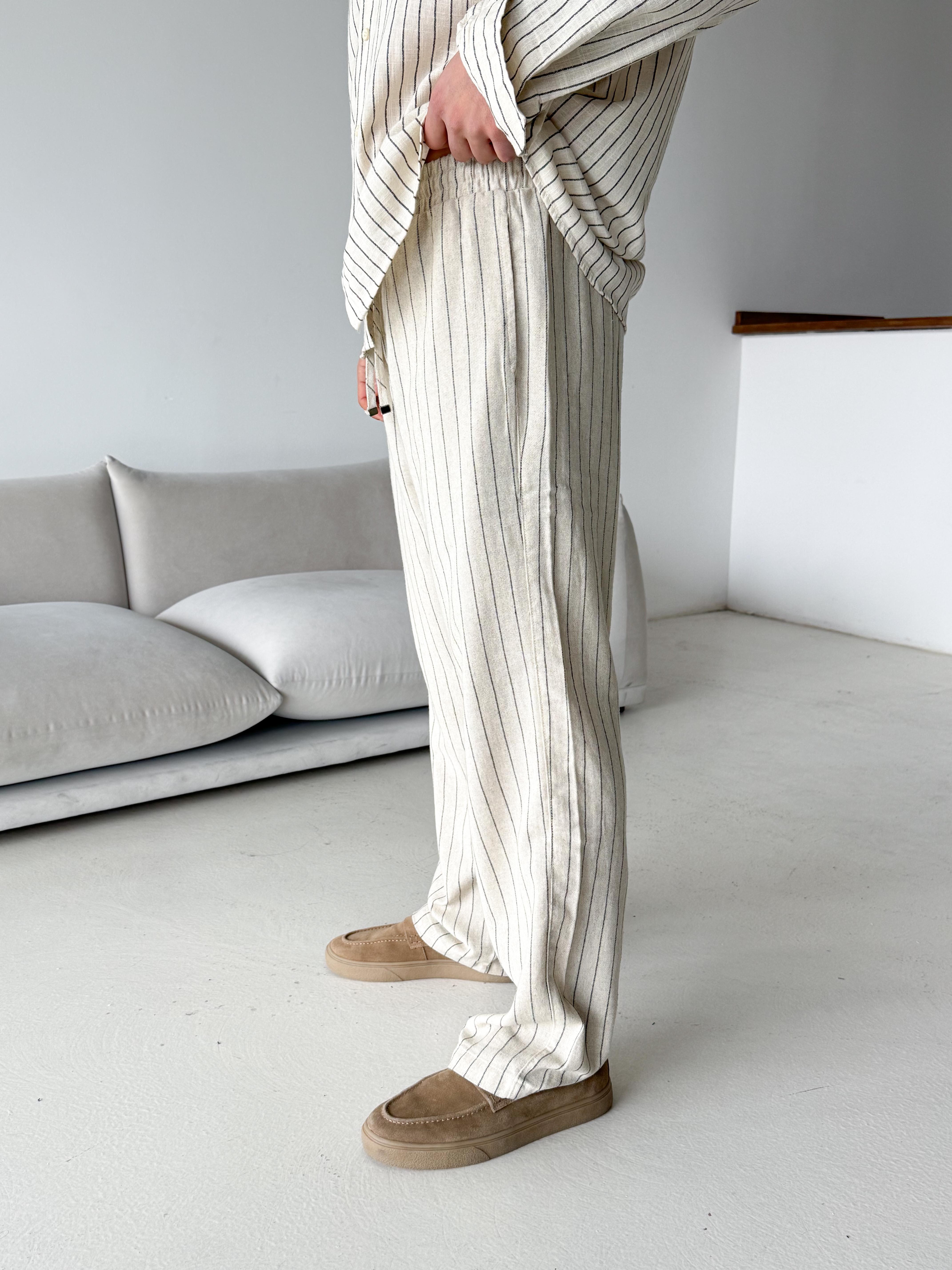 Ekru Keten Siyah Çizgili Bol Pantalon 23105 LNS