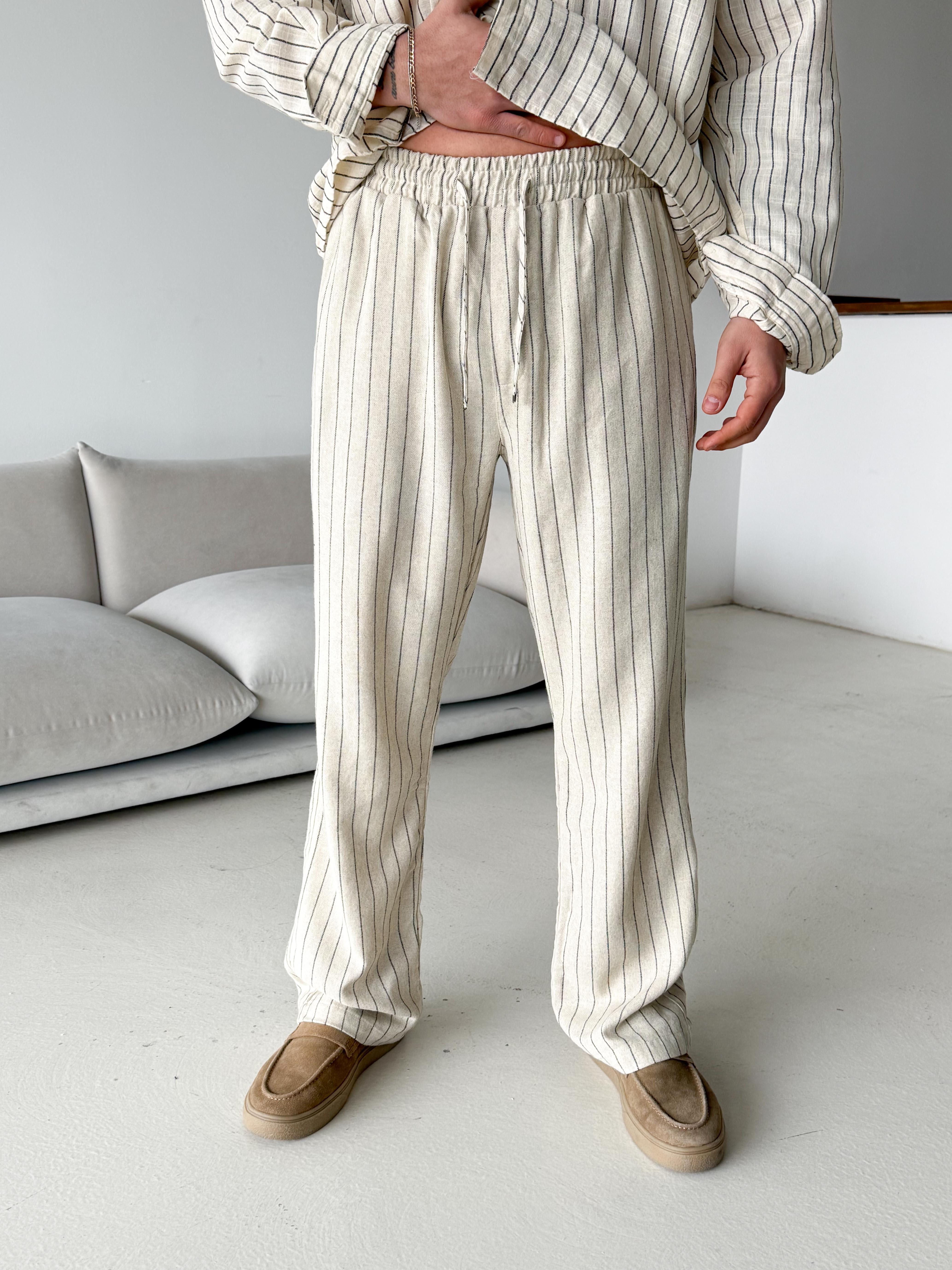 Ekru Keten Siyah Çizgili Bol Pantalon 23105 LNS