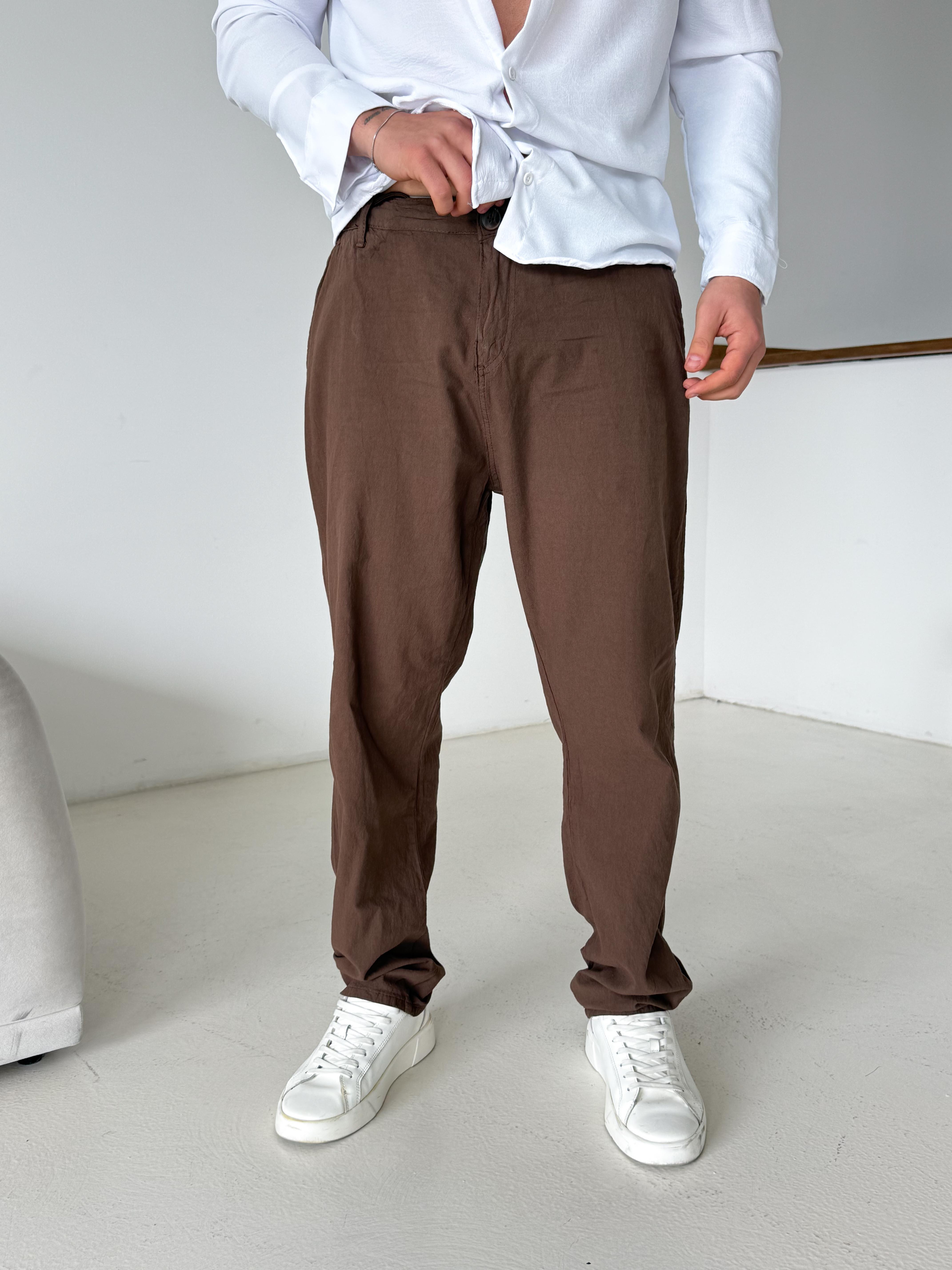 Kahve Bel Lastikli Keten Pantalon TK