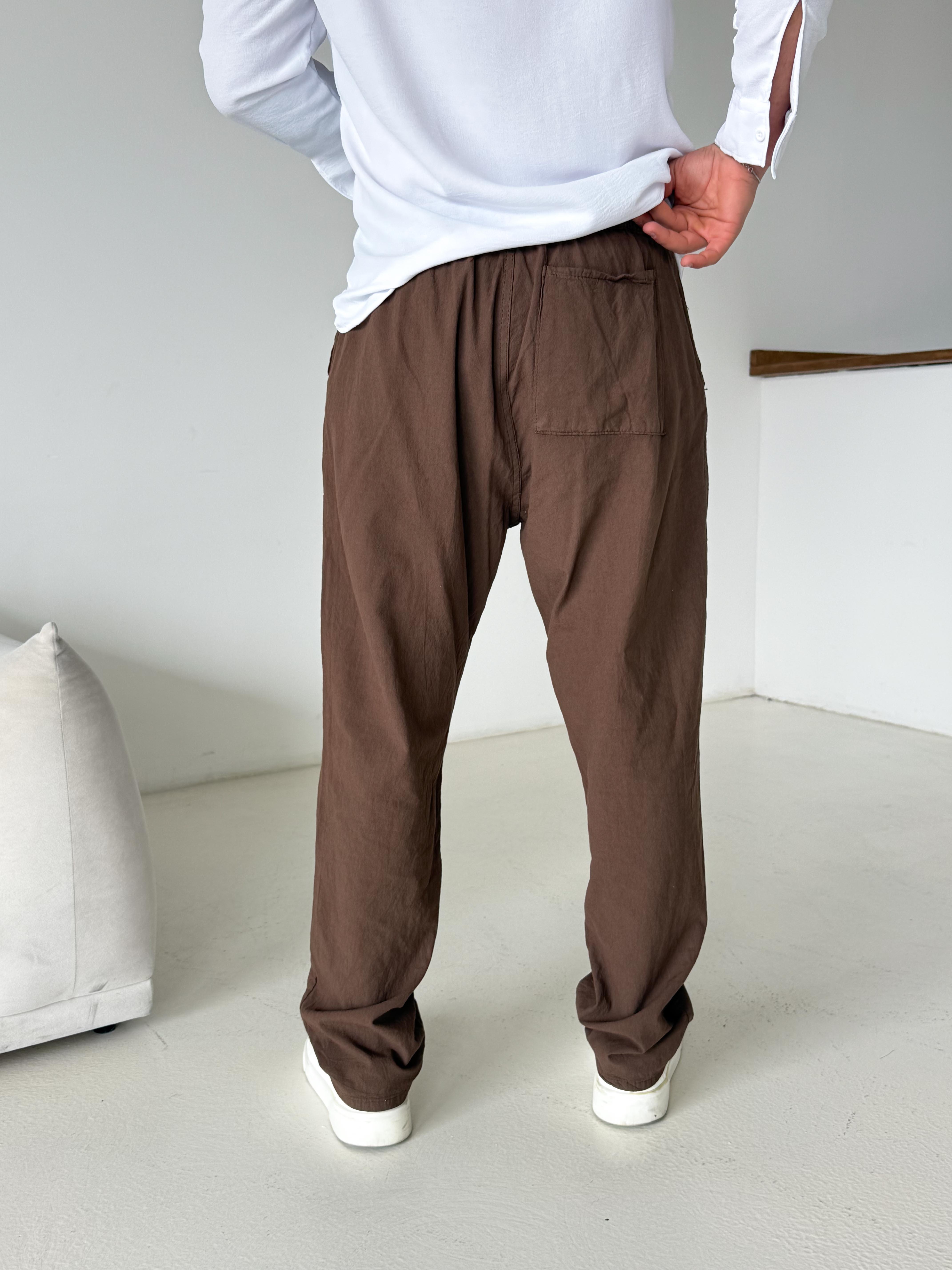 Kahve Bel Lastikli Keten Pantalon TK