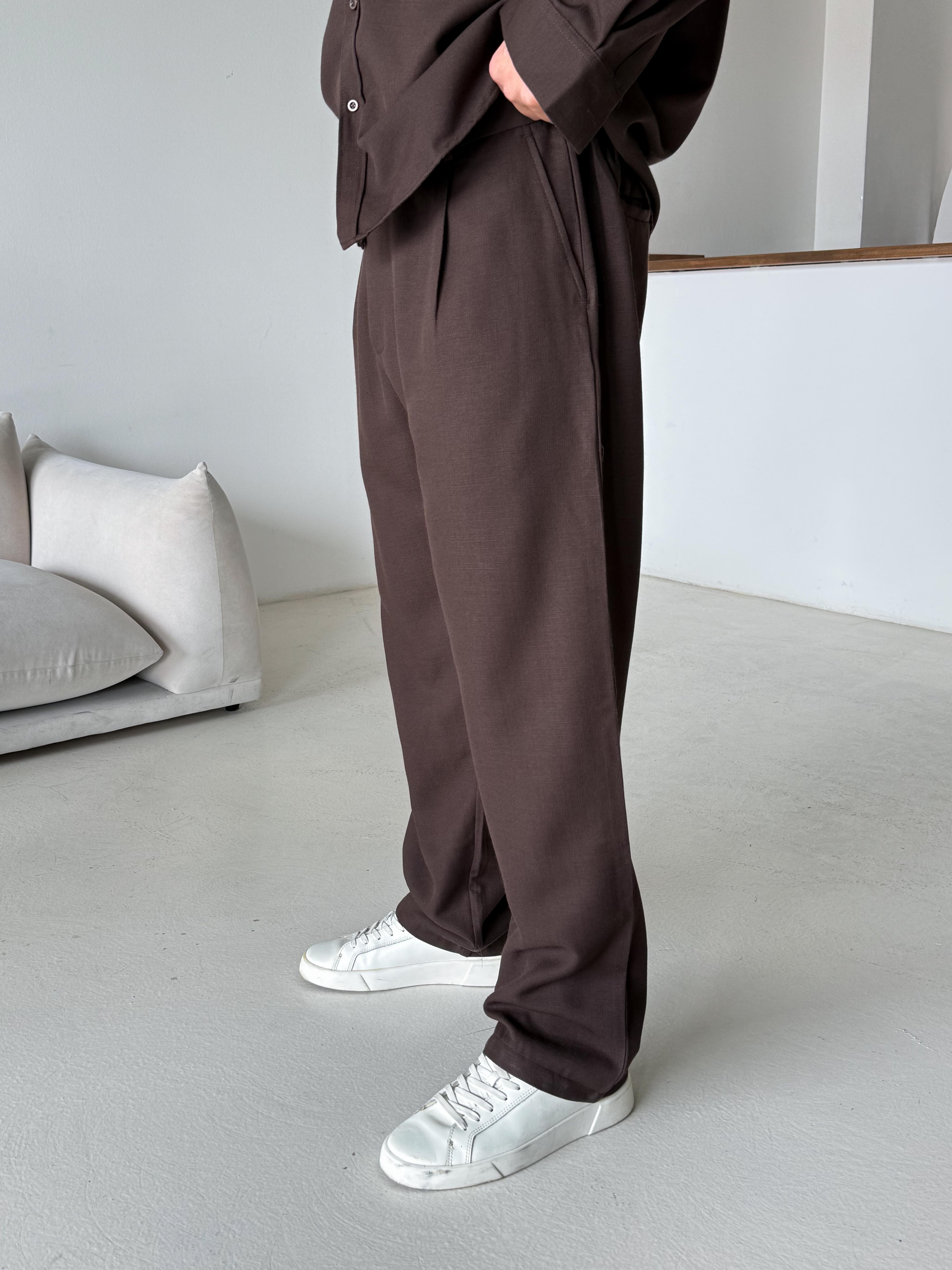 Kahve Dokuma Keten Baggy Pantalon PLZ