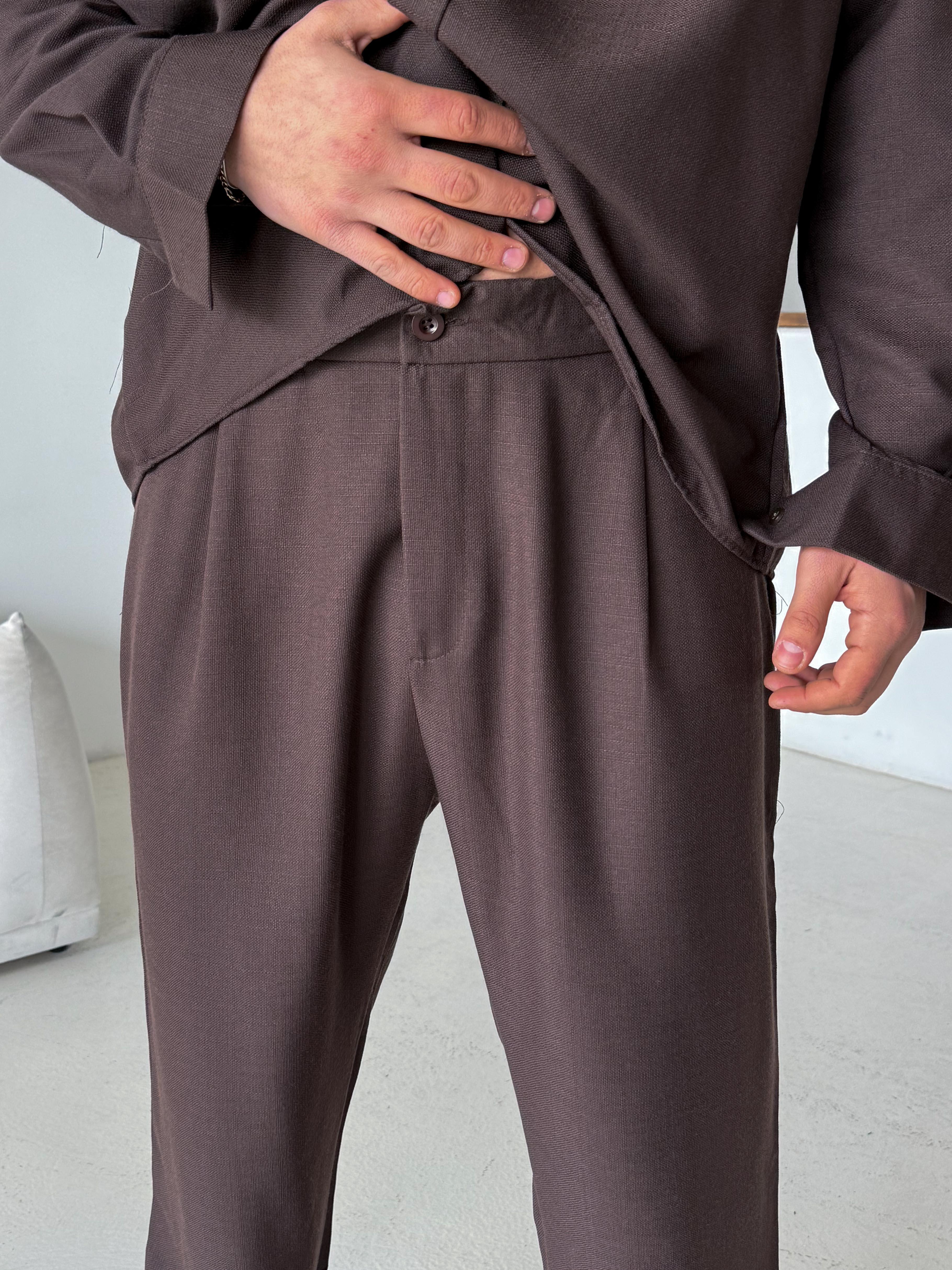 Kahve Dokuma Keten Baggy Pantalon PLZ