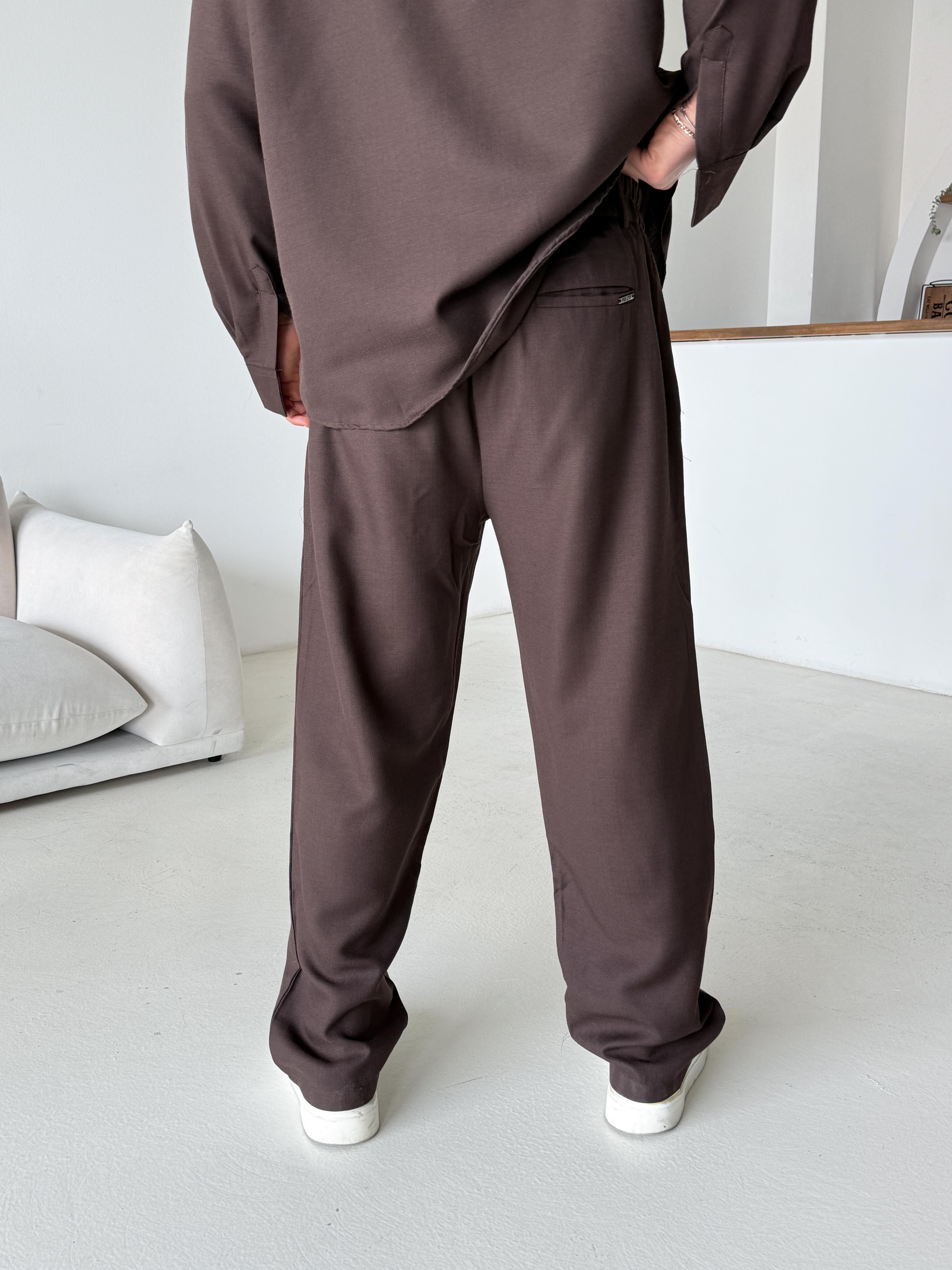 Kahve Dokuma Keten Baggy Pantalon PLZ